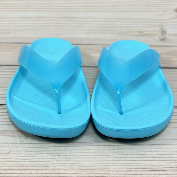 Crocs Sandals Womens 9 Blue Splash Glossy Flip Flop Neptune Thong Beach Pool EUC - Picture 3 of 14